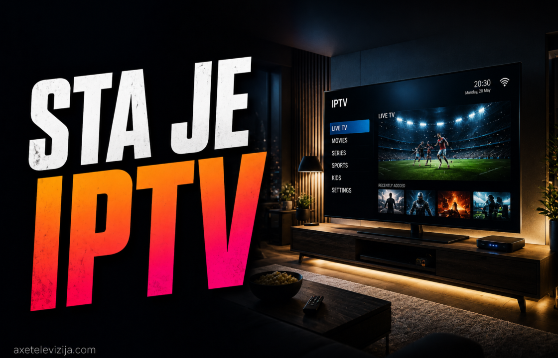 Televizor sa IPTV interfejsom i ikonama kanala povezan na internet