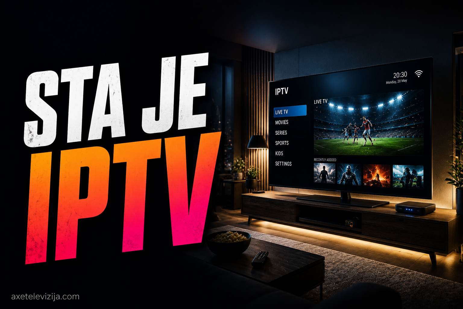 Televizor sa IPTV interfejsom i ikonama kanala povezan na internet